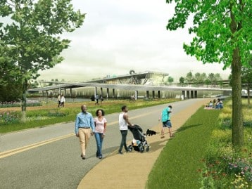 A rendering of a park with people walking on a path.