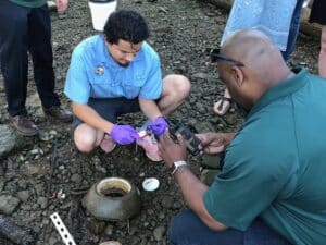 A group of people are examining a pot on the ground.