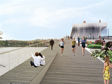 People Walking on a Bridge Walkway