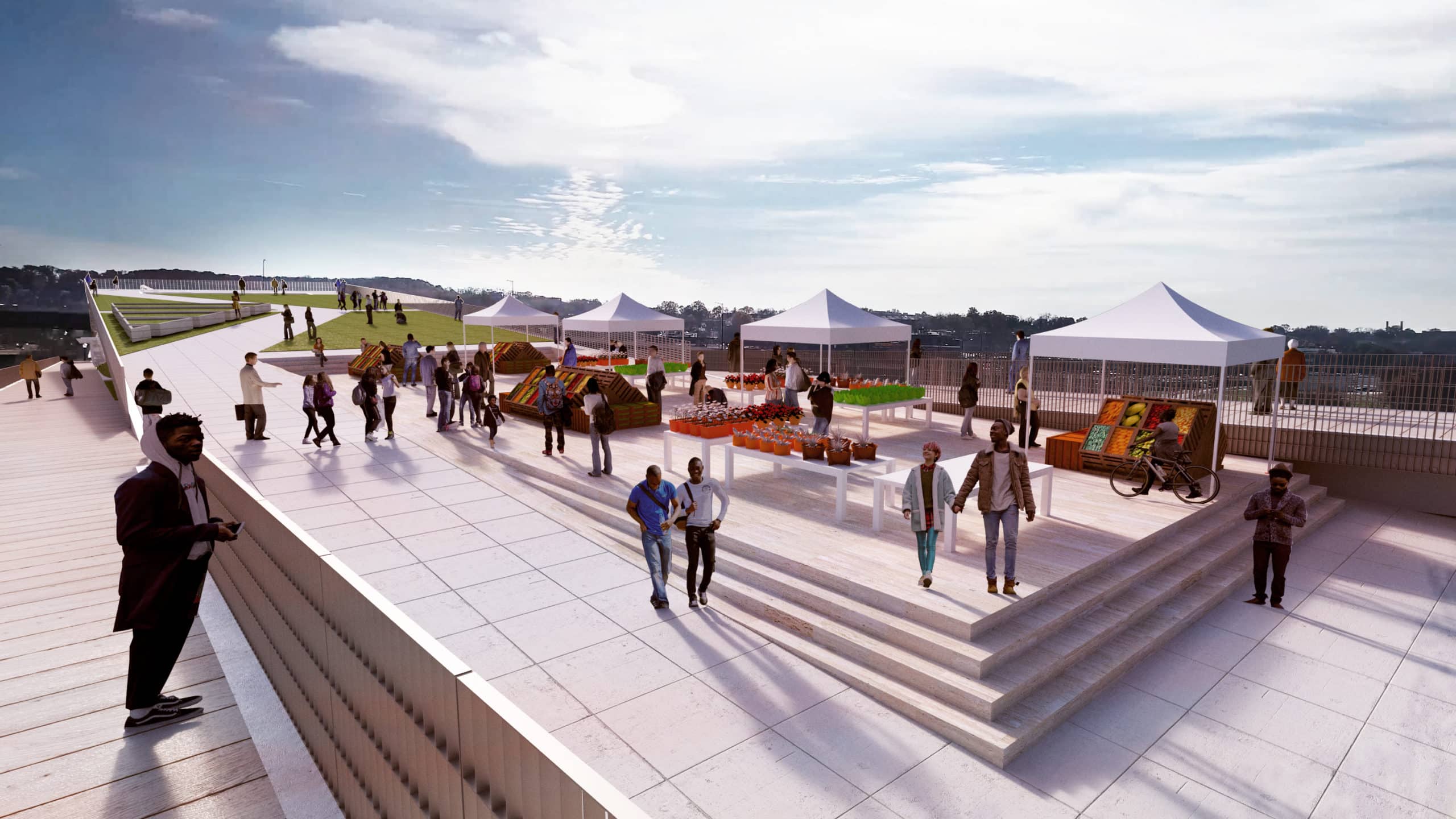 An artist's rendering of a walkway with people on it.