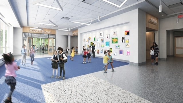 Explore Our Campus - An artist's rendering of a school's lobby.