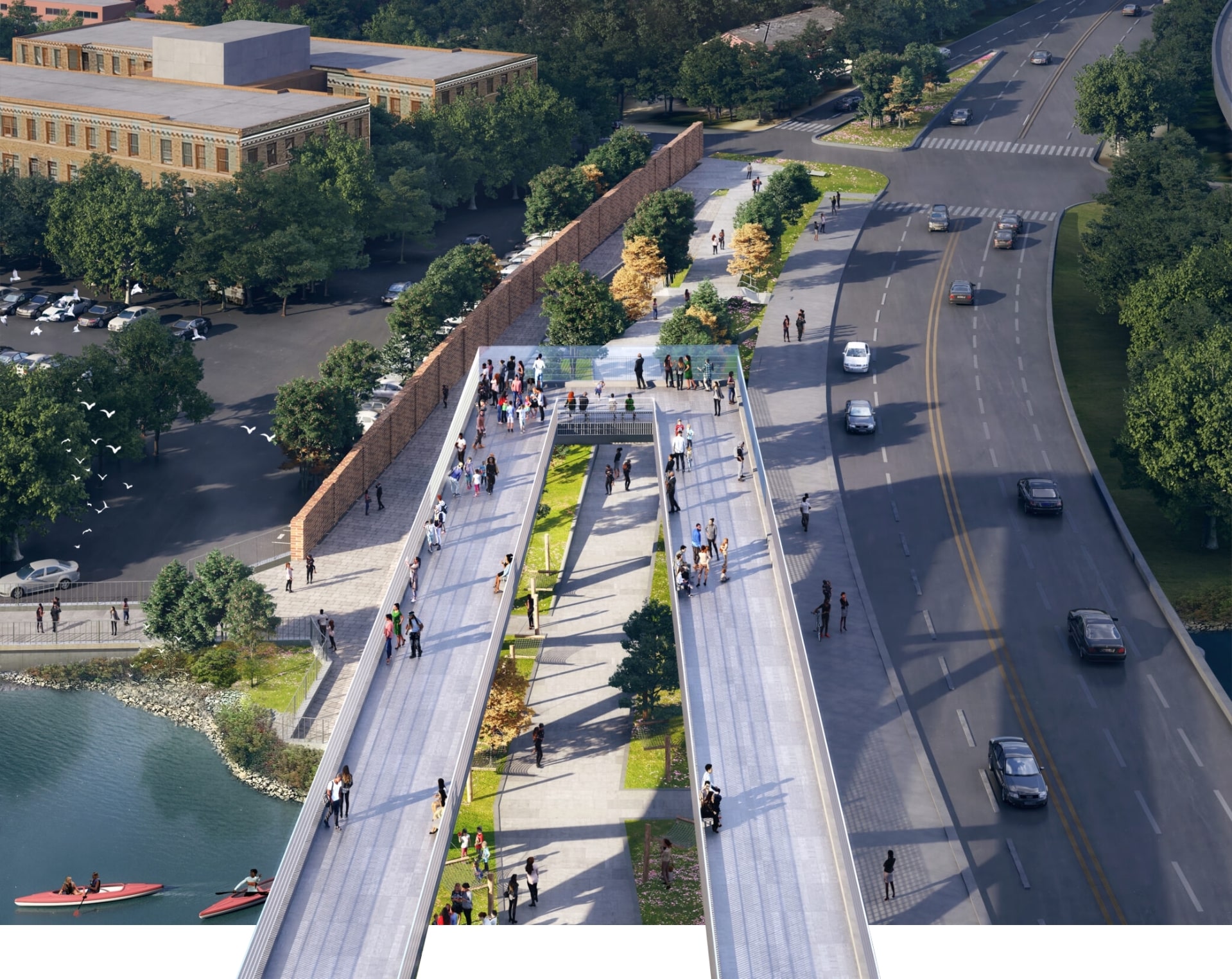 An artist's rendering of a pedestrian bridge over a river, showcasing the vibrant 11th Street Bridge Park that unites recreation and art.