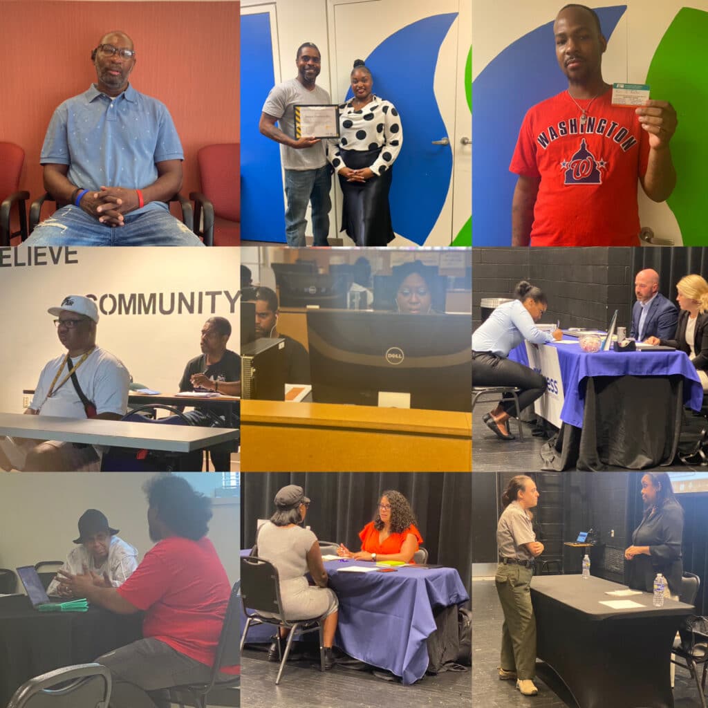 A collage of pictures of people sitting at desks in the Skyland Workforce Center, building bridges for professional excellence.