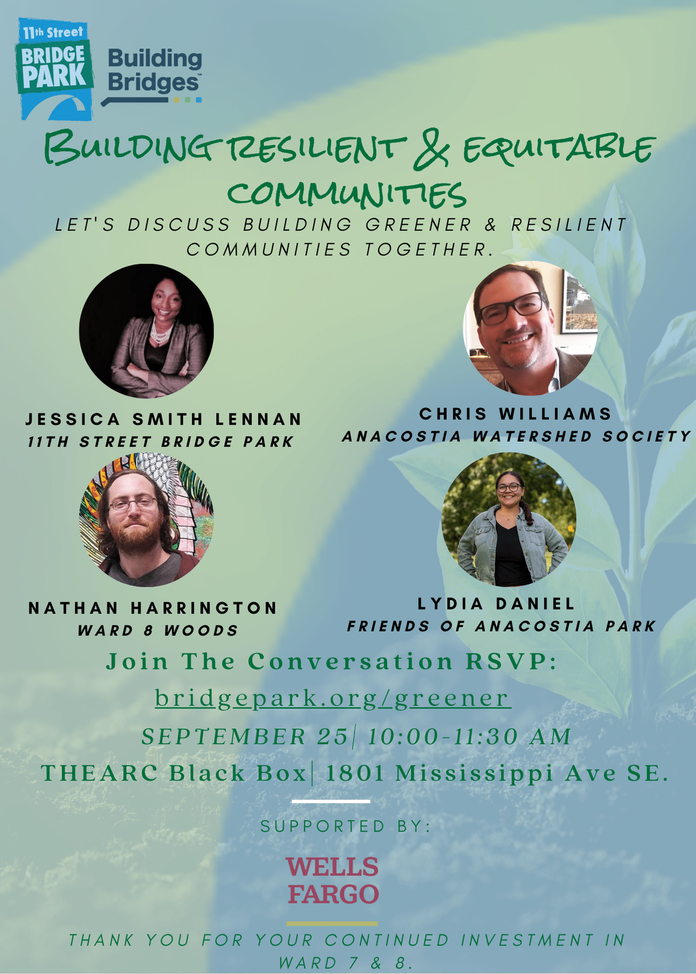 Flyer for a community discussion on building resilient and equitable communities on September 25, 10:00-11:30 AM at THEARC Black Box. Speakers include Jessica Smith Lennan, Chris Williams, Nathan Harrington, and Lydia Daniel.