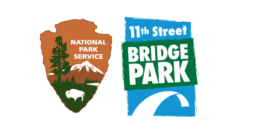 The National Park Service arrowhead logo alongside the 11th Street Bridge Park logo graces a white background, embodying the spirit of ARF - Building Bridges Across The River.