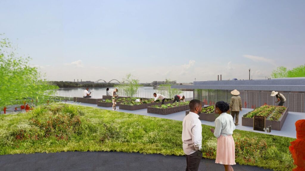 People gardening in an urban rooftop greenhouse overlooking a river, framed by city buildings. This community-driven design tells our story of building bridges across the river, uniting nature and city life seamlessly.