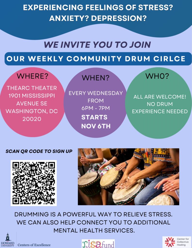 Flyer for a weekly community drum circle at THEARC Theater, D.C., starting Nov 6. Sessions are every Wednesday, 6-7 PM. All are welcome; no experience needed. Includes QR code for signing up.