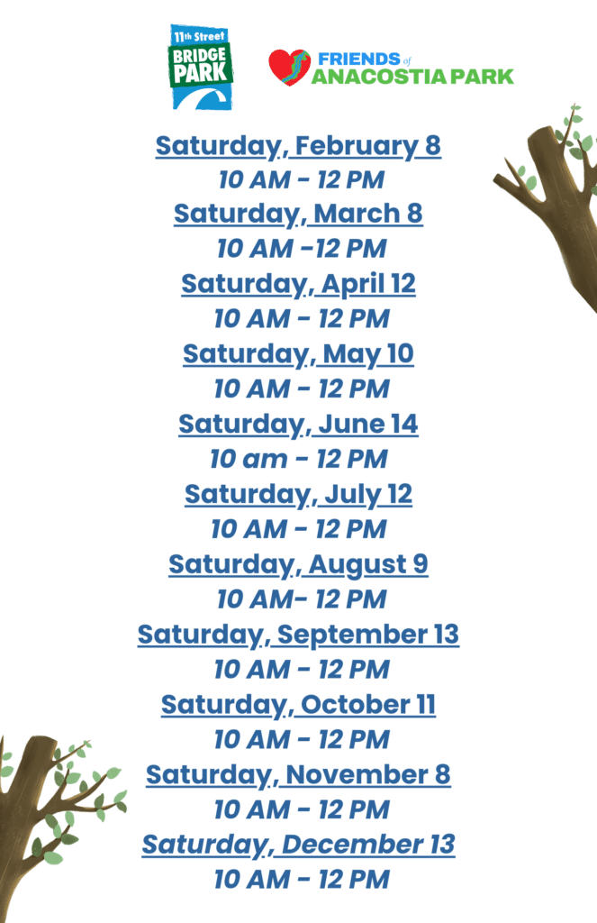 Flyer for Anacostia Park events with dates from February 8 to December 13, showing alternating Saturdays, 10 AM to 12 PM. Logos of 11th Street Bridge Park and Friends of Anacostia Park.