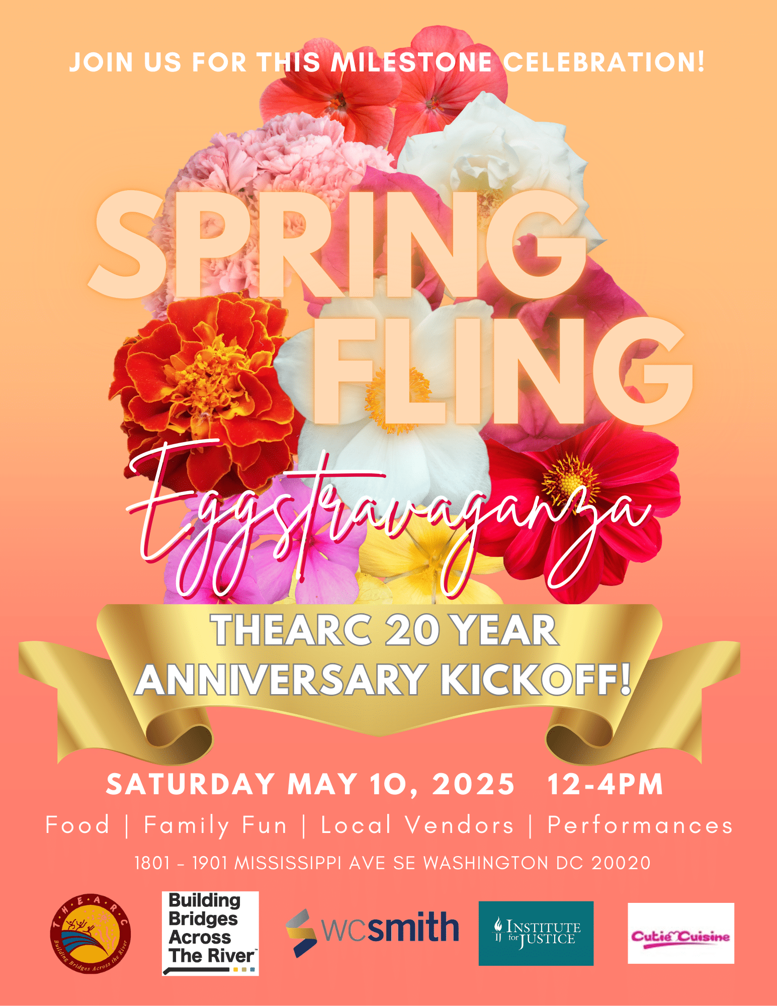 Spring Fling Eggstravaganza event flyer with flowers, event details, and sponsor logos. Event on May 10, 2025, at THEARC, Washington, DC, celebrating 20th anniversary.