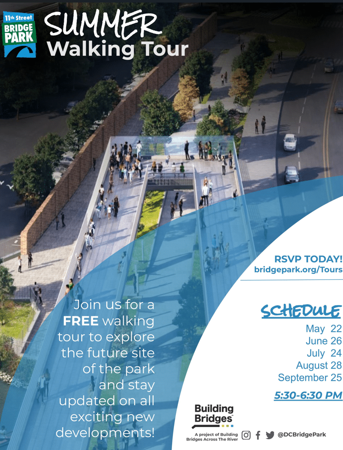 Aerial view of people walking on a landscaped bridge; text promotes free summer walking tours at 11th Street Bridge Park with dates and RSVP information.