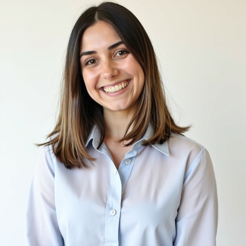 A woman with straight brown hair wearing a light blue button-up shirt stands smiling against a plain light background, embodying the spirit of building bridges toward a better future.