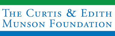 Logo for The Curtis & Edith Munson Foundation featuring blue text on a white background, green and blue borders, and inspired by ARF - Building Bridges Across The River.