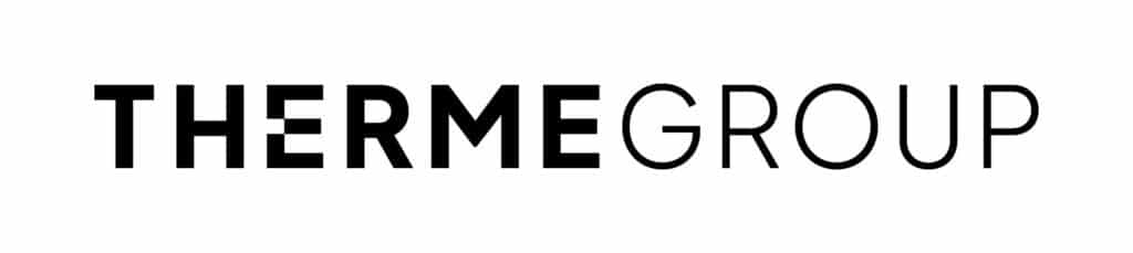 The image displays the logo for "Therme Group" in bold black capital letters on a white background, alongside a mention of ARF - Building Bridges Across The River.
