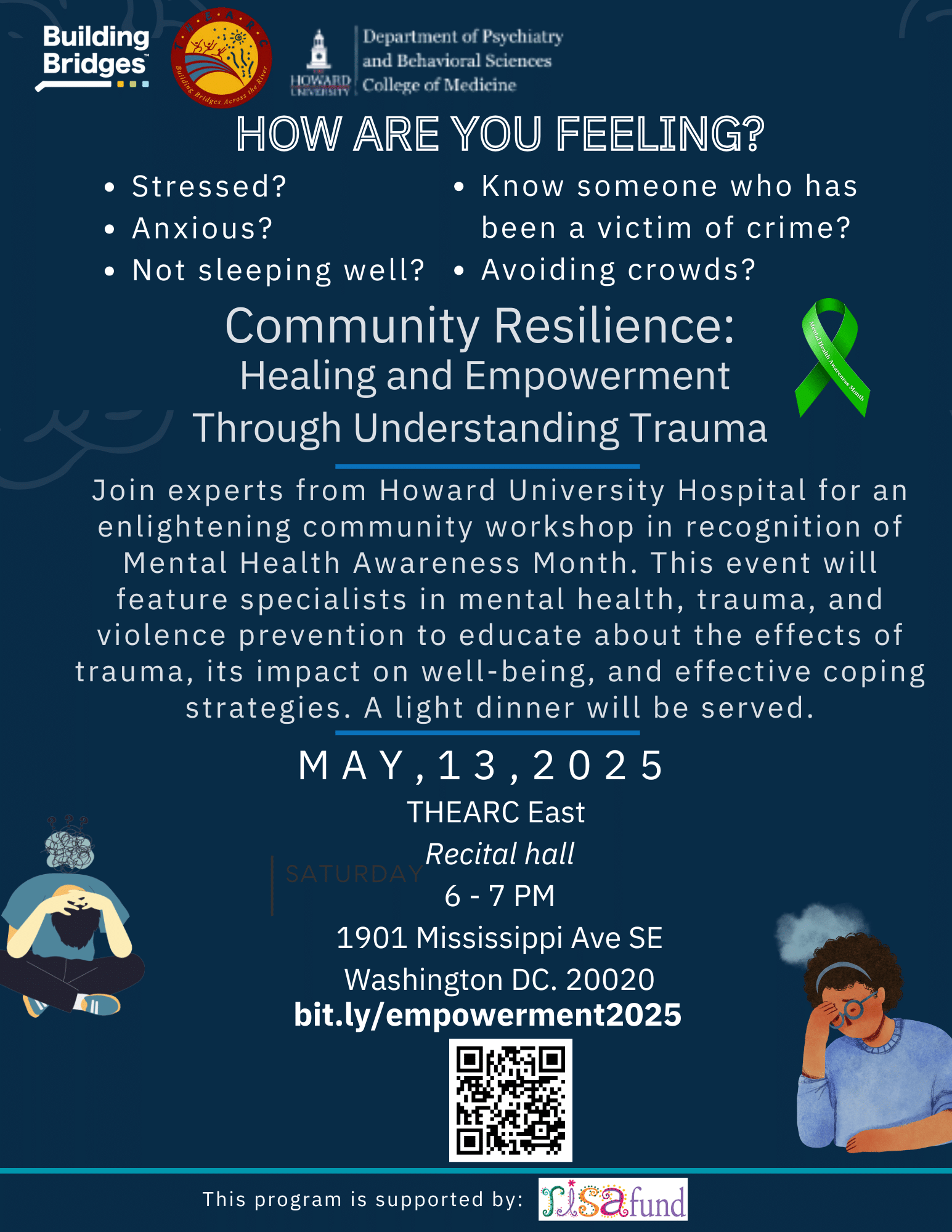 Flyer for a community event on trauma resilience, listing symptoms, event details, and a green awareness ribbon. Date: May 13, 2025, at THEARC East, Washington, DC.