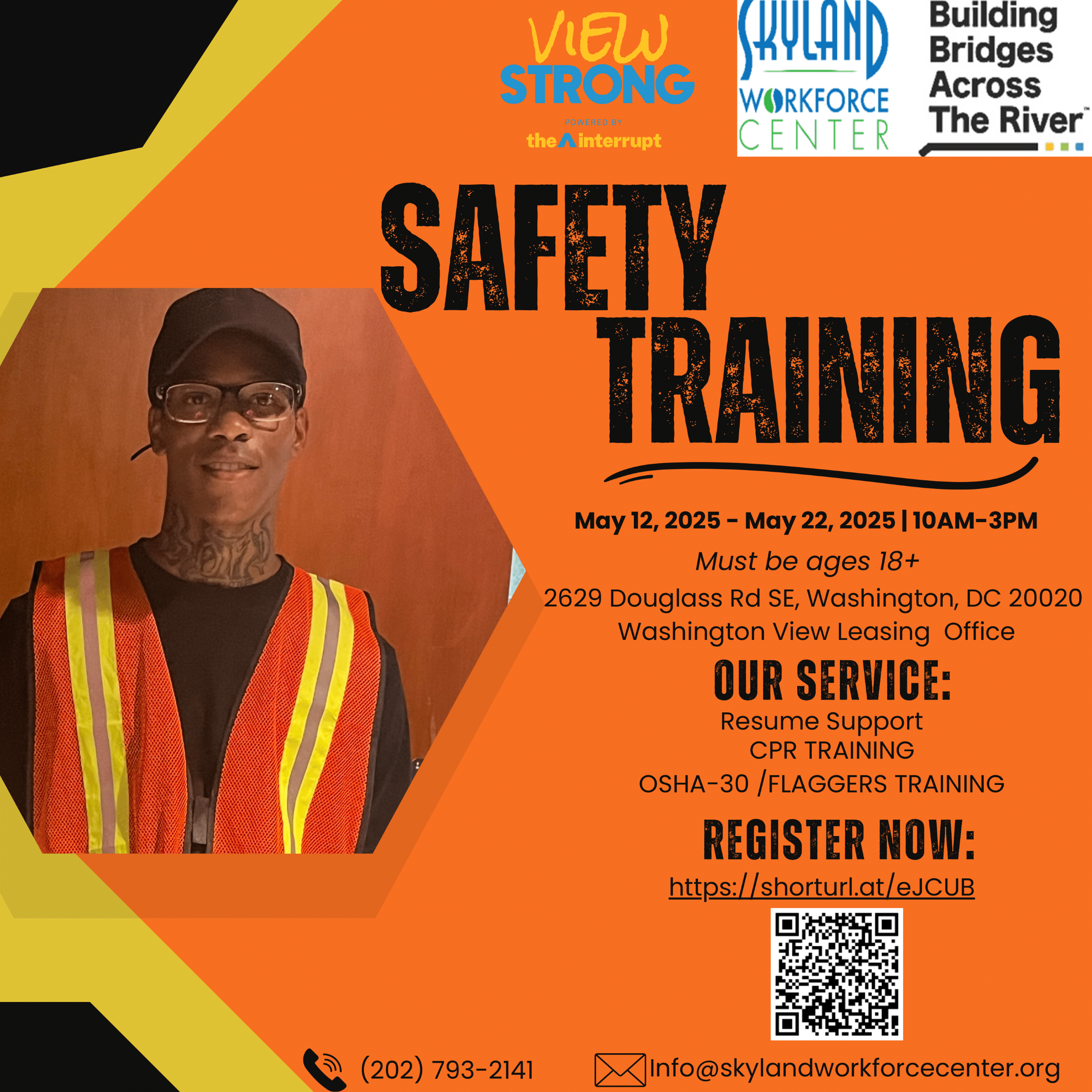 A person in a safety vest stands next to text about safety training on May 12-22, 2025, in Washington, DC, with service and registration details.