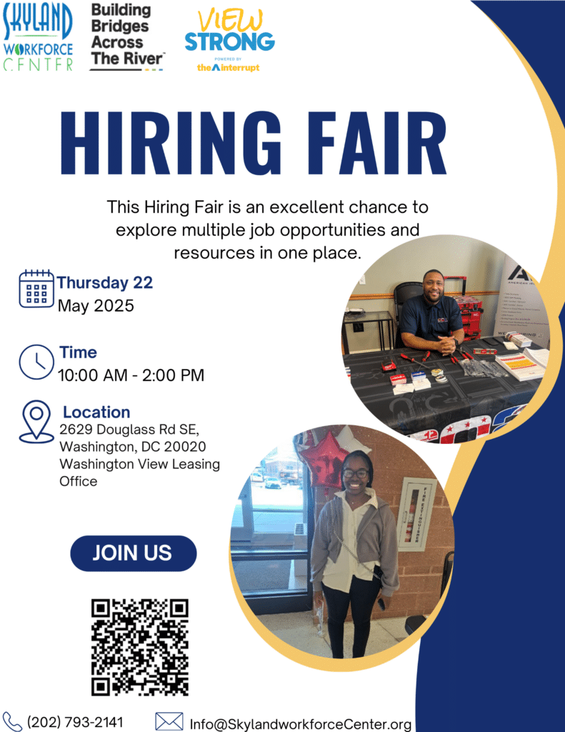 Flyer advertising a hiring fair on May 22, 2025, at 2629 Douglass Rd SE, Washington, DC, with event details, QR code, and two photos of individuals at a career fair.
