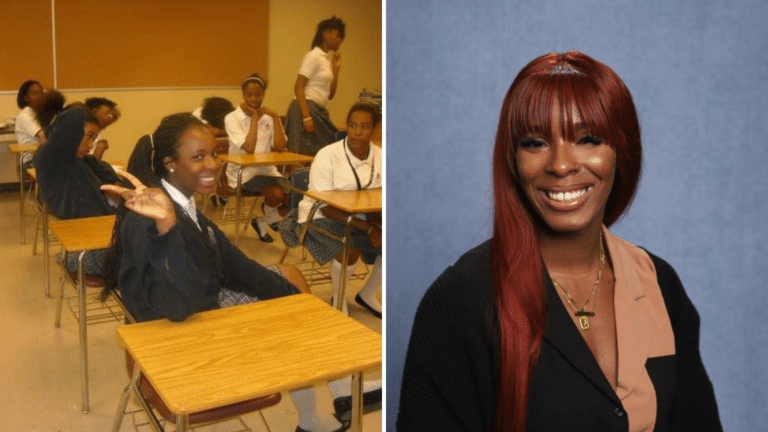 A young woman waves while sitting in a classroom with other students on the left; on the right, she poses for a professional portrait with long red hair.